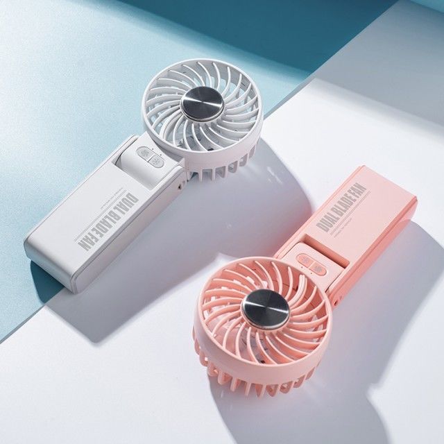 Mini ventilador duplo personalizado com lâmina de duplo motor de 180 graus. Ventilador de mão dobrável com refrigerador de porcelana de gelo super condutor.