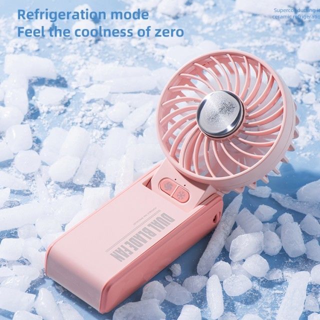 Mini ventilador duplo personalizado com lâmina de duplo motor de 180 graus. Ventilador de mão dobrável com refrigerador de porcelana de gelo super condutor.